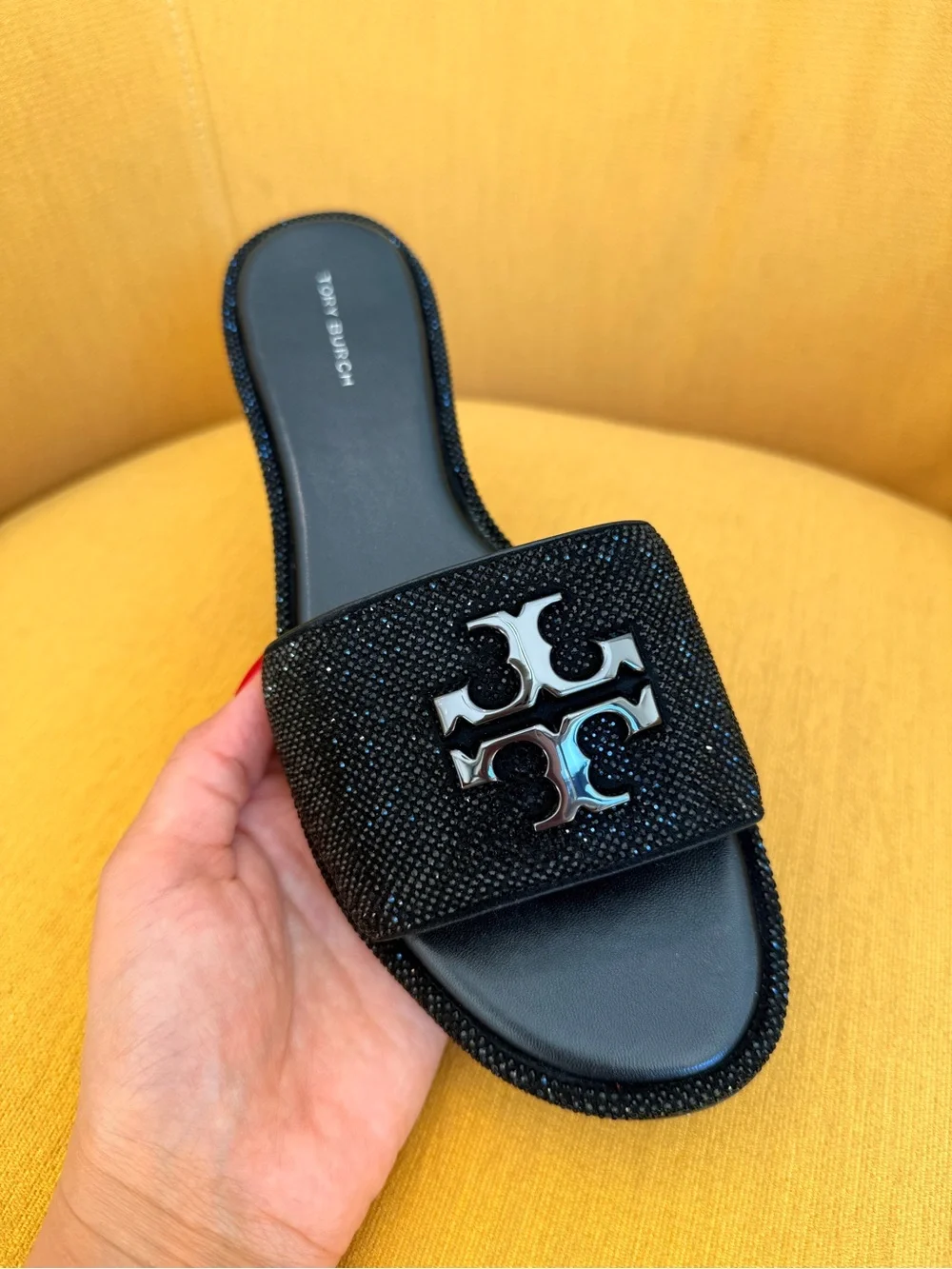 Tory Burch Everly Crystal Slide Sandals‎ Black Women’s RUNS SMALL Size 9